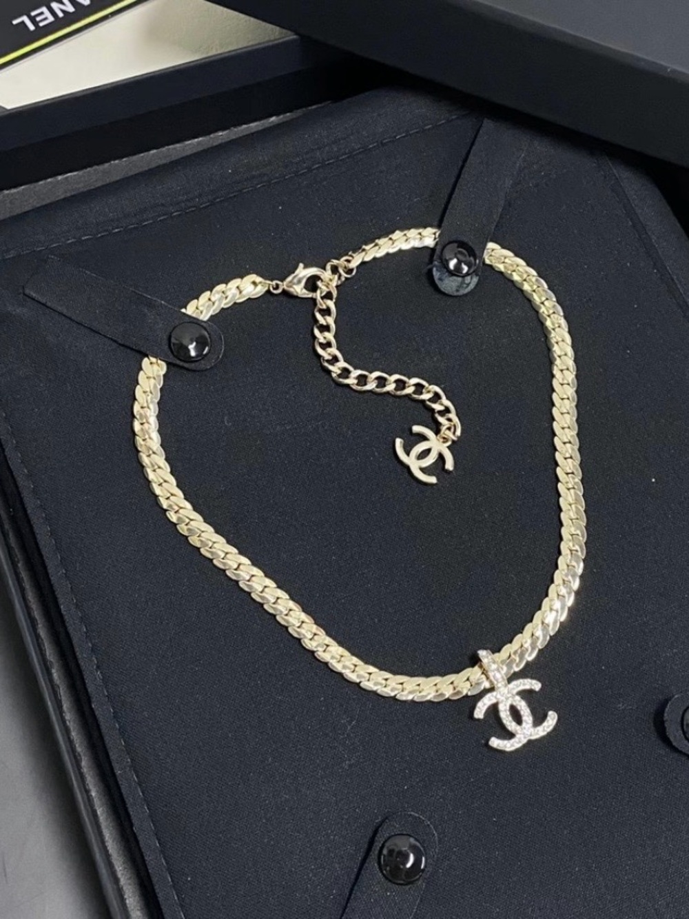 Double C Gold - Tone Chain Choker Necklace with Crystal Logo